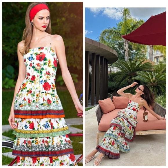 Alice + Olivia Valencia Floral Tiered‎ Maxi Dress Ruffle Size 8